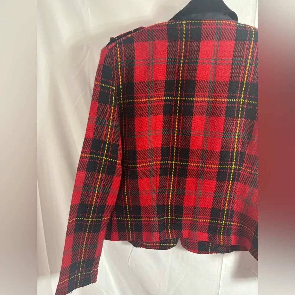 VTG Red+Black Plaid Bomber Jacket Faux‎ Suede Collar Gold+Black Epaulet Size S/M